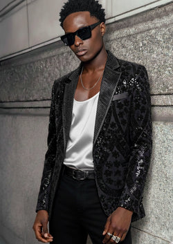 Man wearing The Obsidian Galaxy black sequin velvet dinner jacket for prom - Nevo Suits
