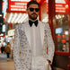 Man wearing The Moonlight Phoenix white and silver sequin dinner jacket for prom - Nevo Suits
