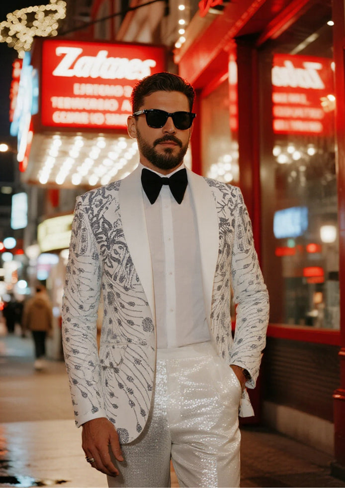 Man wearing The Moonlight Phoenix white and silver sequin dinner jacket for prom - Nevo Suits