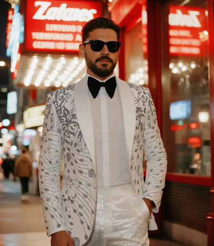 Man in a white patterned suit standing in front of a Zales jewelry store.