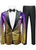 Gold and purple sequin tuxedo with black lapels and bow tie on a white background