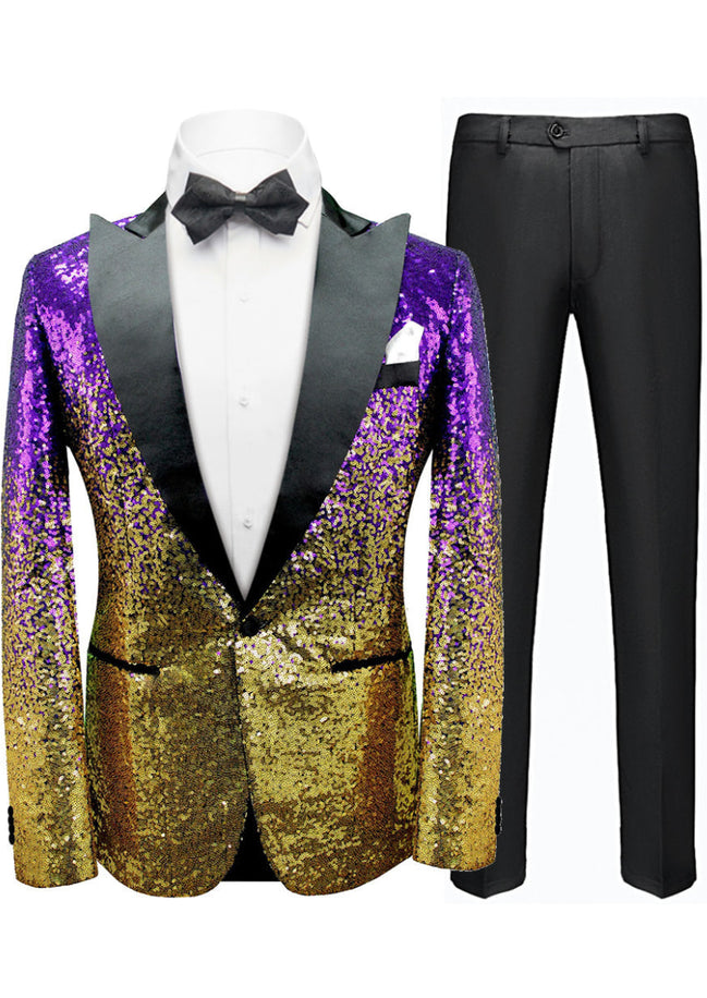 Gold and purple sequin tuxedo with black lapels and bow tie on a white background