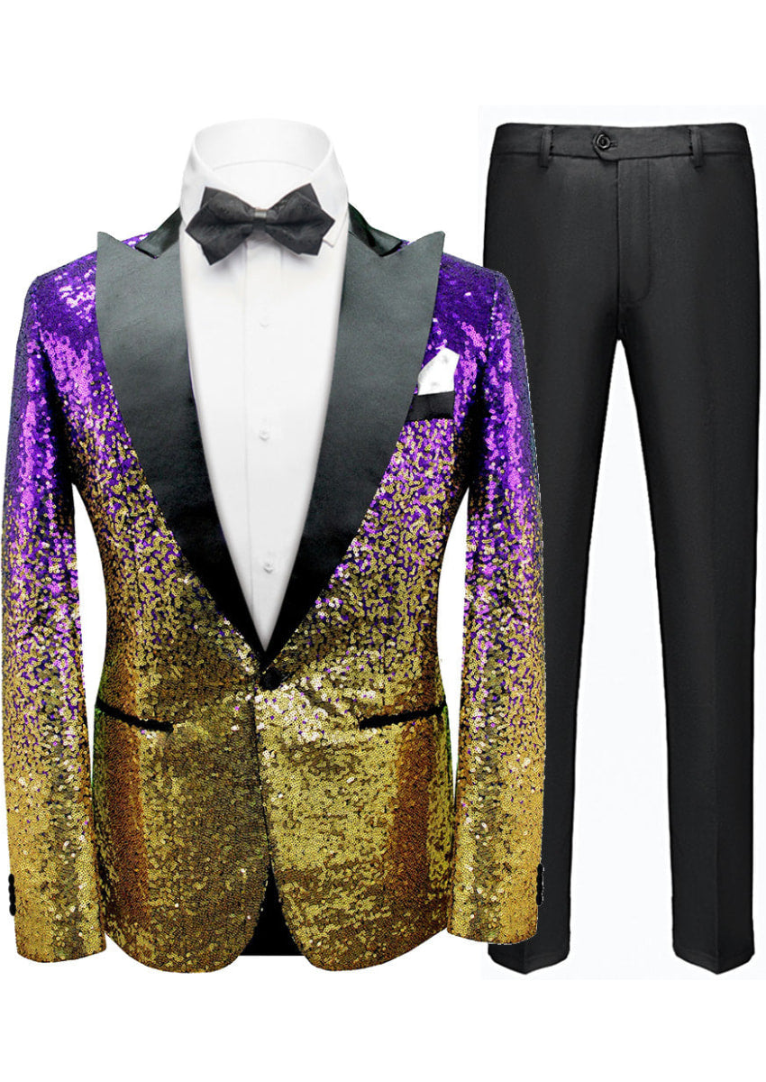 Gold and purple sequin tuxedo with black lapels and bow tie on a white background