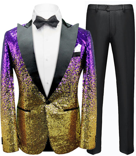 Gold and purple sequin tuxedo with black lapels and bow tie on a white background