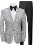 Silver sequin blazer, black bow tie, and black pants on a white background