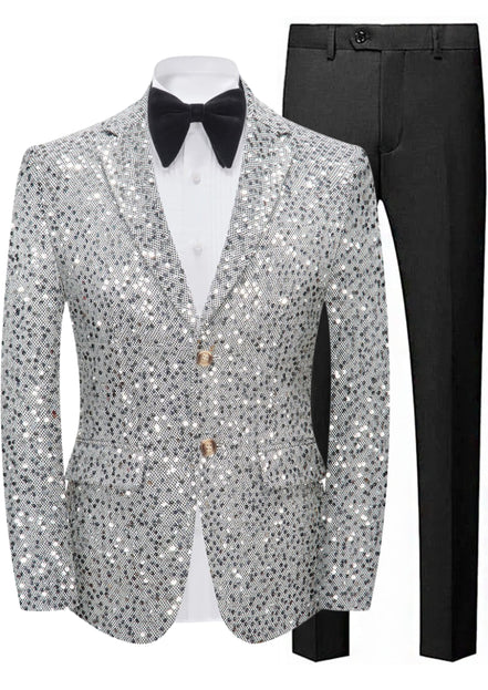 Silver sequin blazer, black bow tie, and black pants on a white background