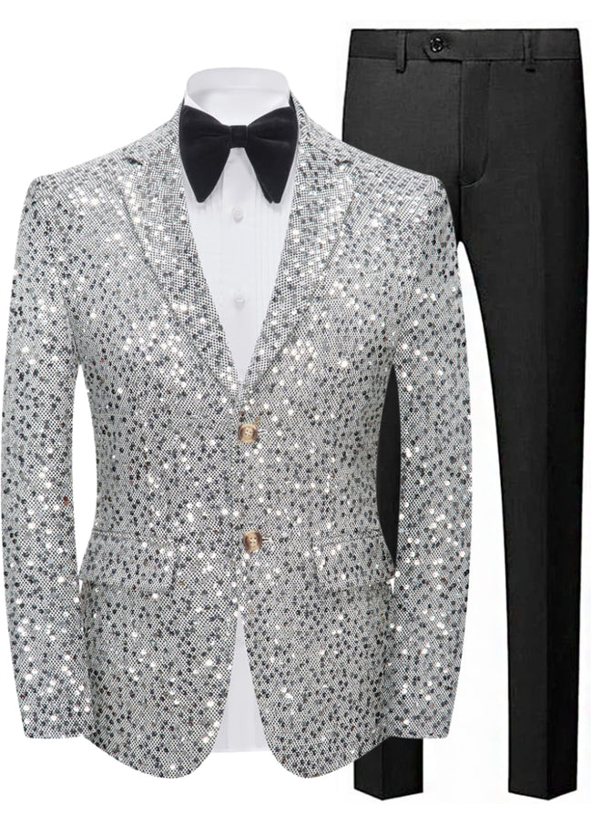 Silver sequin blazer, black bow tie, and black pants on a white background