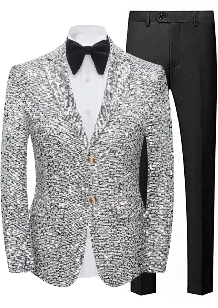 Silver sequin blazer, black bow tie, and black pants on a white background