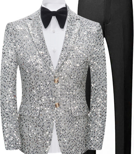 Silver sequin blazer, black bow tie, and black pants on a white background