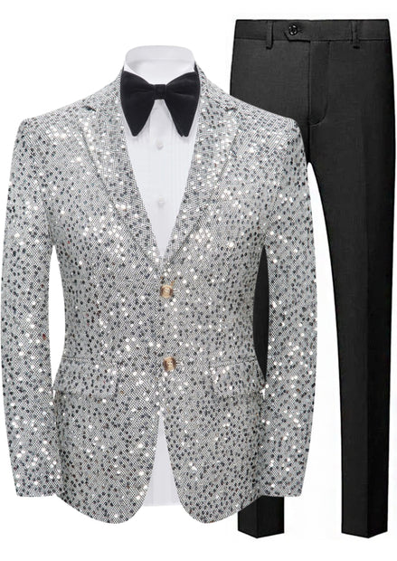 Silver sequin blazer, black bow tie, and black pants on a white background