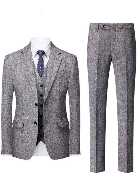 Gray suit with jacket, vest, and pants on a white background