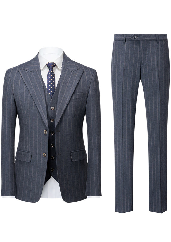 Gray pinstripe suit with vest and tie on a white background