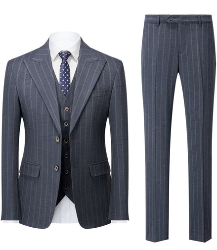 Gray pinstripe suit with vest and tie on a white background