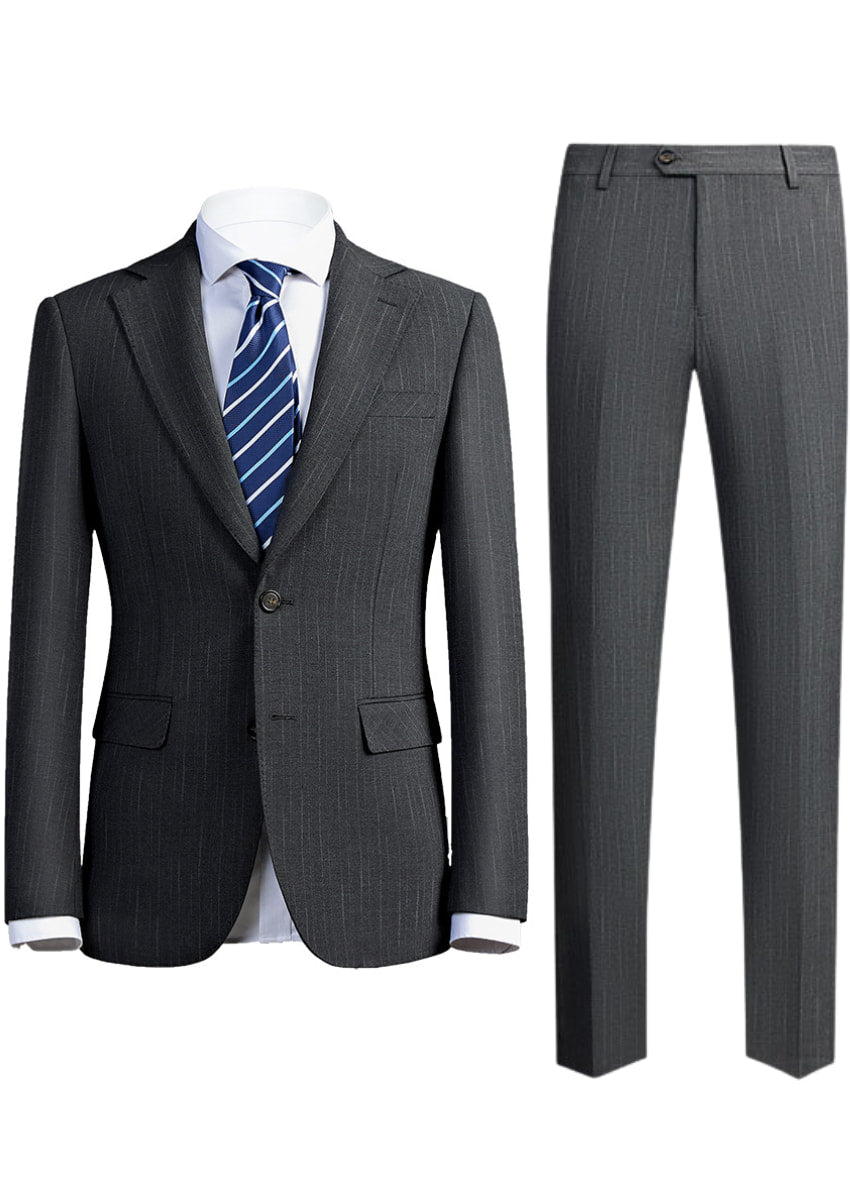 Gray suit jacket and pants with a striped tie on a white background