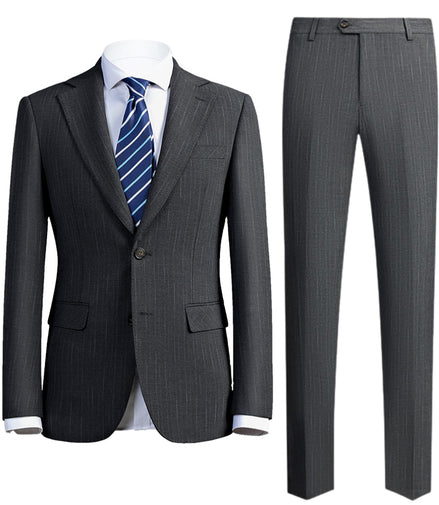 Gray suit jacket and pants with a striped tie on a white background