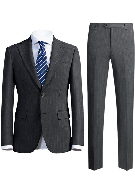 Gray suit jacket and pants with a striped tie on a white background