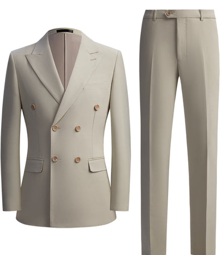 Beige suit jacket and pants on a white background