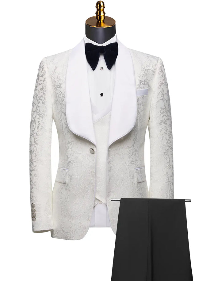 White tuxedo with black bow tie on a mannequin against a white background