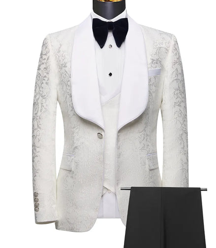 White tuxedo with black bow tie on a mannequin against a white background