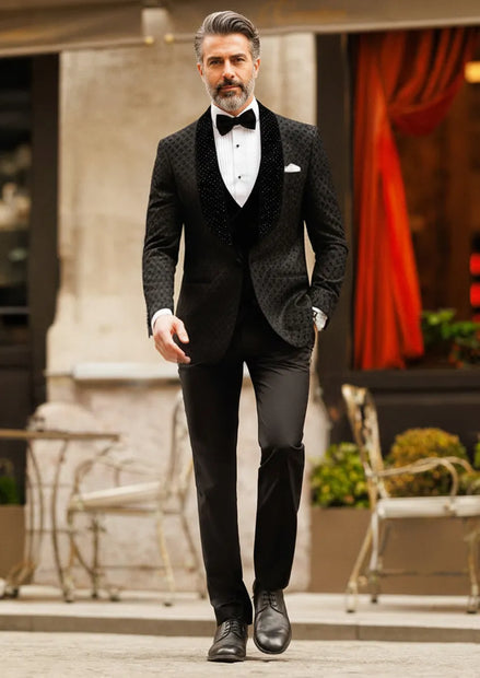 Men’s 3-Piece Classic Black Velvet Tuxedo with Pearl Embellishments