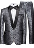 Gray patterned tuxedo with black bow tie on a white background