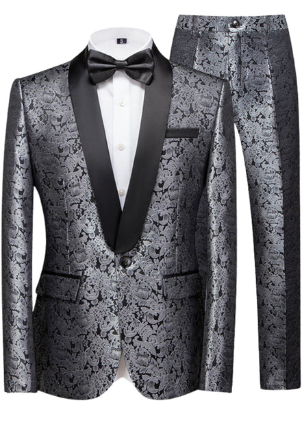 Gray patterned tuxedo with black bow tie on a white background