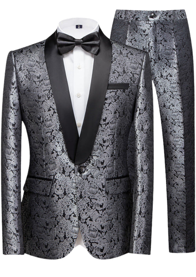 Gray patterned tuxedo with black bow tie on a white background