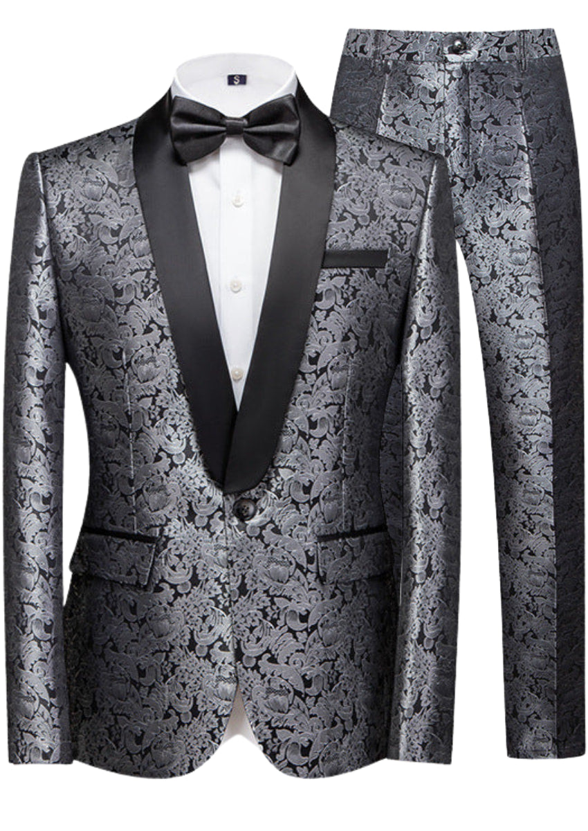Gray patterned tuxedo with black bow tie on a white background