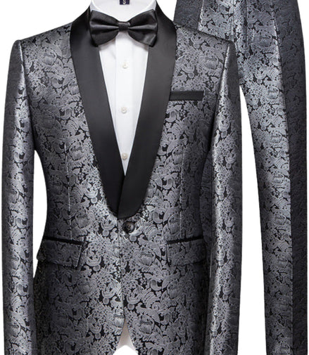 Gray patterned tuxedo with black bow tie on a white background