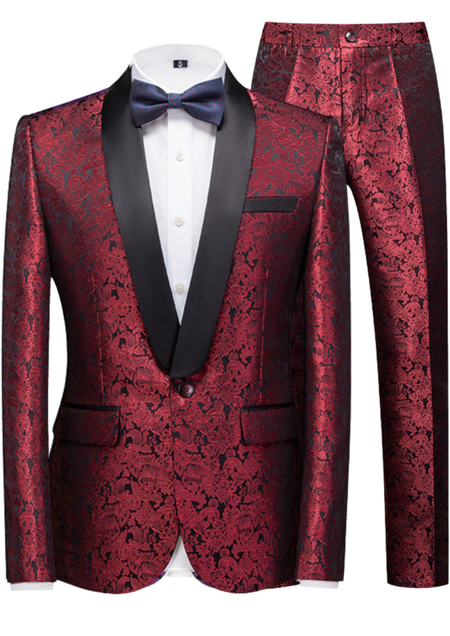 Red patterned tuxedo with black lapels and a bow tie on a white background