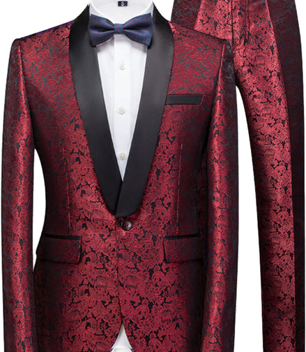 Red patterned tuxedo with black lapels and a bow tie on a white background