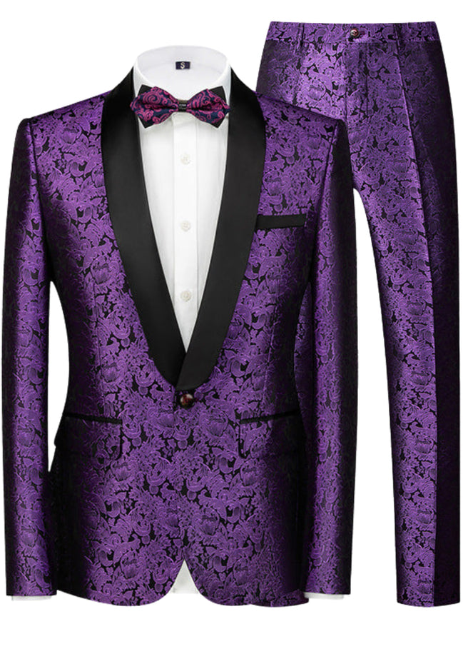 Mens 2-Piece Shawl Lapel Jacuard Dark Purple Tuxedo