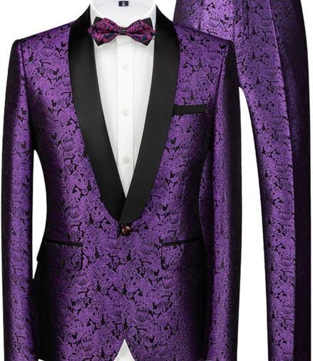 Mens 2-Piece Shawl Lapel Jacuard Dark Purple Tuxedo