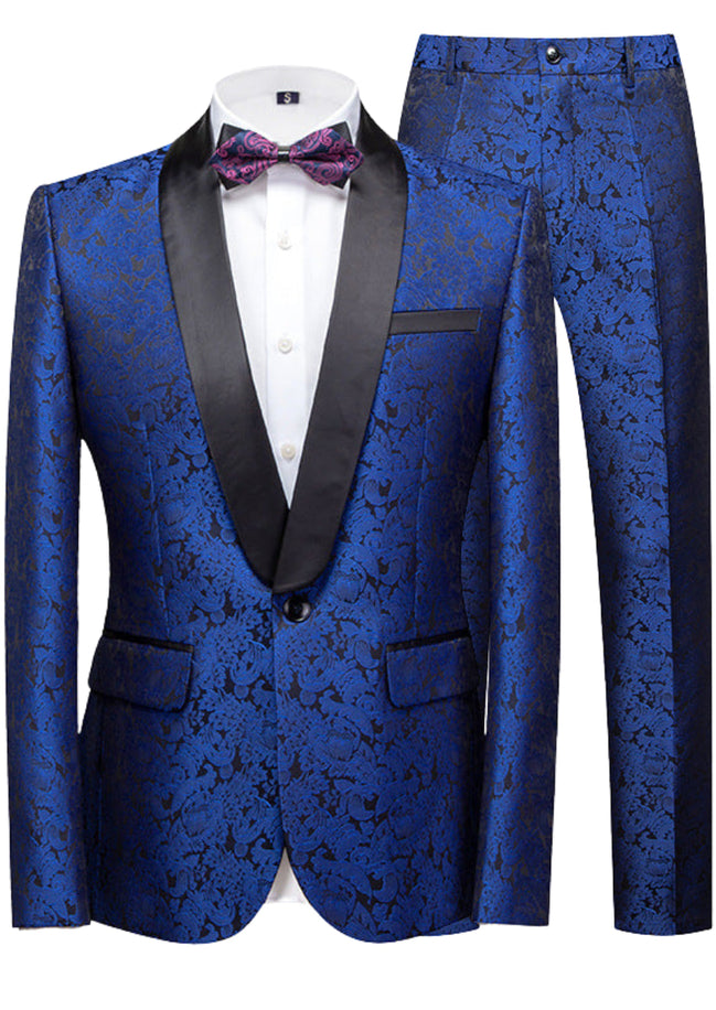 Blue floral patterned suit with black lapels and a purple bow tie on a white background