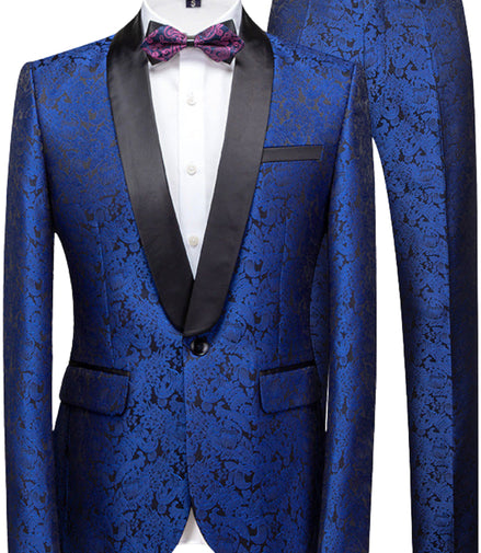 Blue floral patterned suit with black lapels and a purple bow tie on a white background