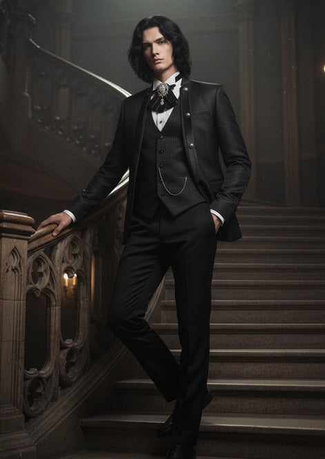 Model showing full look of black mandarin collar suit with paisley jacquard texture - Nevo Suits