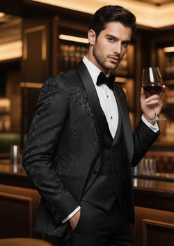 Man wearing The Regal Floral Black jacquard tuxedo with oversized shawl collar for prom - Nevo Suits