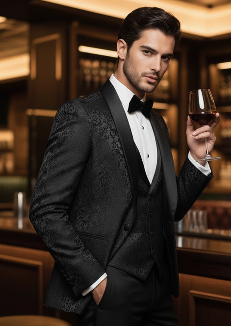 Man wearing The Regal Floral Black jacquard tuxedo with oversized shawl collar for prom - Nevo Suits