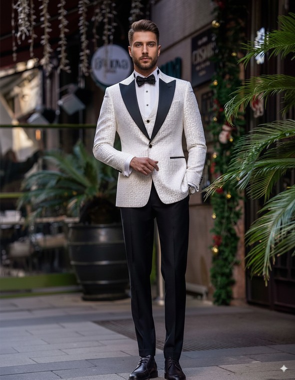 Model in The Ivory Gatsby cream and gold geometric tuxedo for vintage prom - Nevo Suits