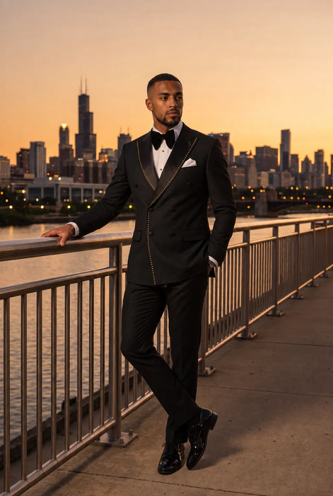 Noir Cadence - Black Double-Breasted Gold Crystal Peak Lapel Tuxedo