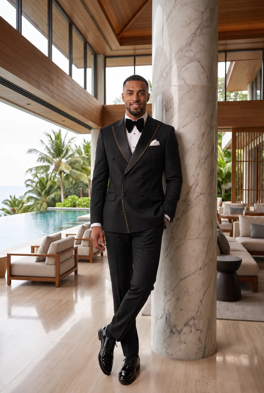Noir Cadence - Black Double-Breasted Gold Crystal Peak Lapel Tuxedo