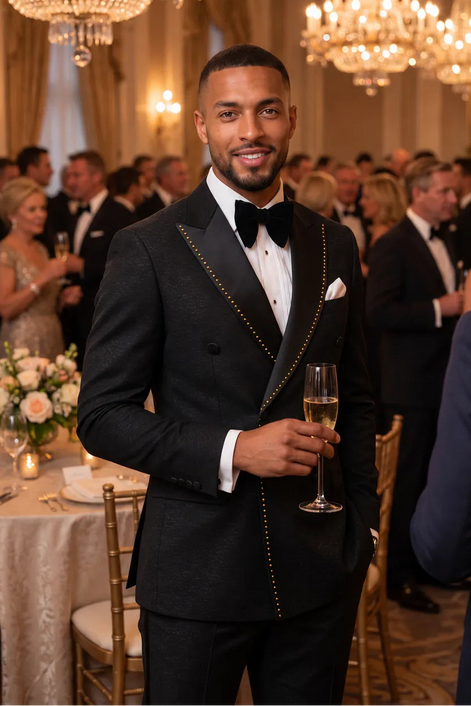 Noir Cadence - Black Double-Breasted Gold Crystal Peak Lapel Tuxedo