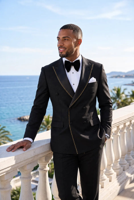 Noir Cadence - Black Double-Breasted Gold Crystal Peak Lapel Tuxedo