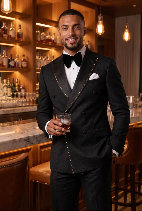 Noir Cadence - Black Double-Breasted Gold Crystal Peak Lapel Tuxedo
