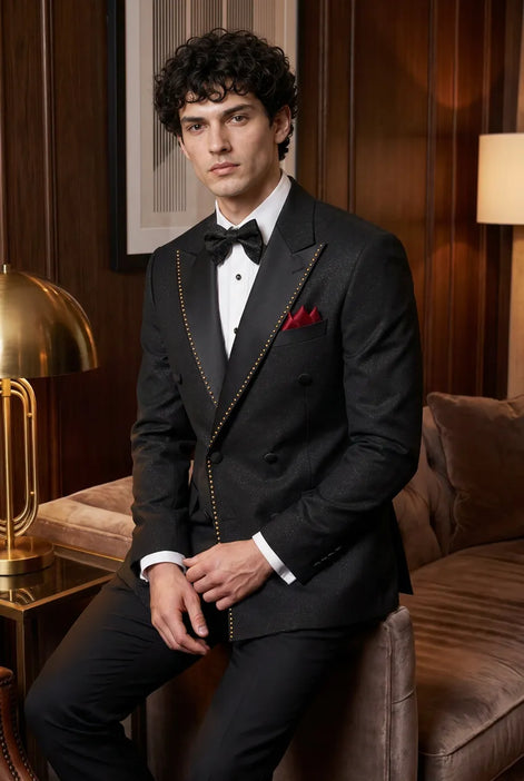 Noir Cadence - Black Double-Breasted Gold Crystal Peak Lapel Tuxedo