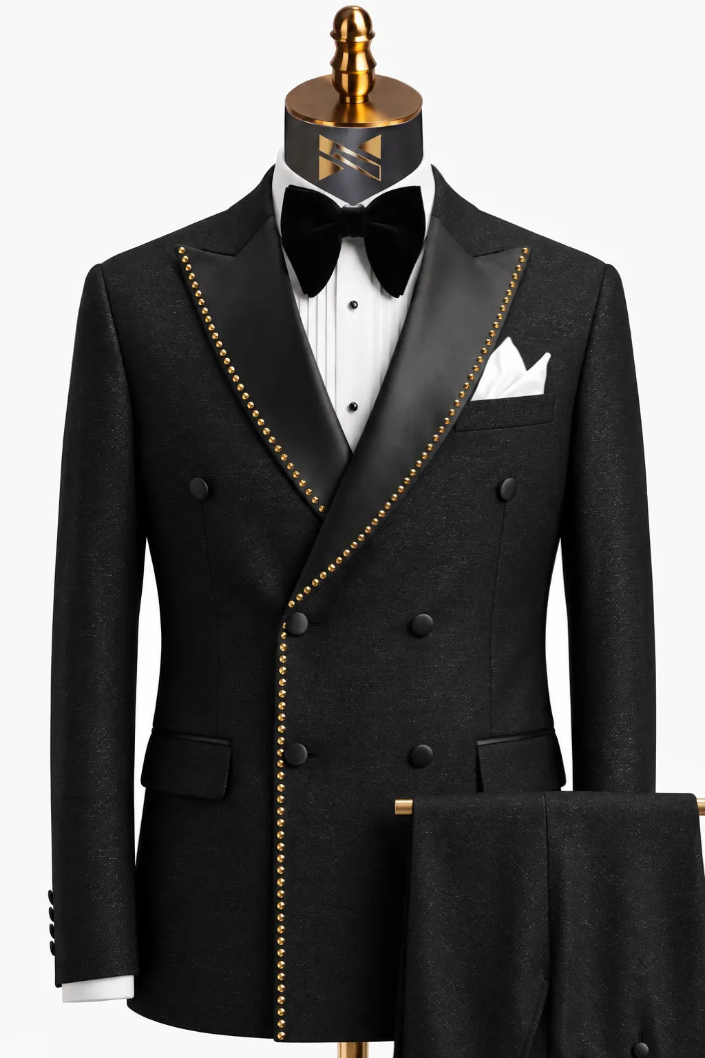 Noir Cadence - Black Double-Breasted Gold Crystal Peak Lapel Tuxedo