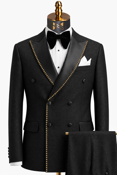 Noir Cadence - Black Double-Breasted Gold Crystal Peak Lapel Tuxedo