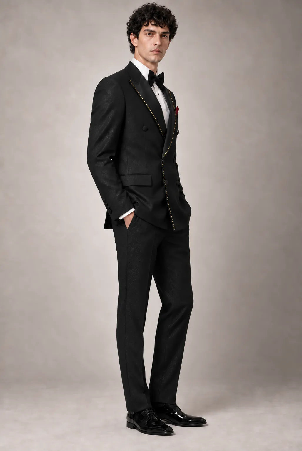 Noir Cadence - Black Double-Breasted Gold Crystal Peak Lapel Tuxedo