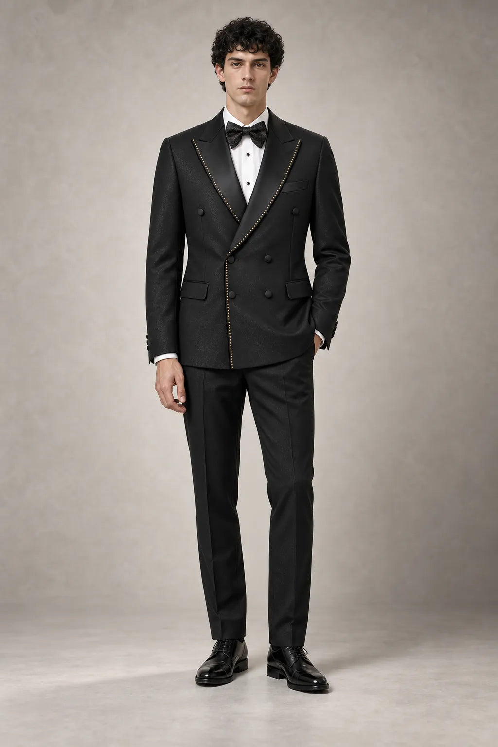 Noir Cadence - Black Double-Breasted Gold Crystal Peak Lapel Tuxedo