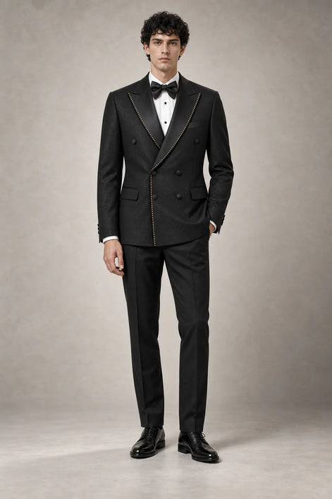 Noir Cadence - Black Double-Breasted Gold Crystal Peak Lapel Tuxedo